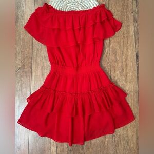 Buddy Love Red Ruffled Off-Shoulder Tiered Mini Dress